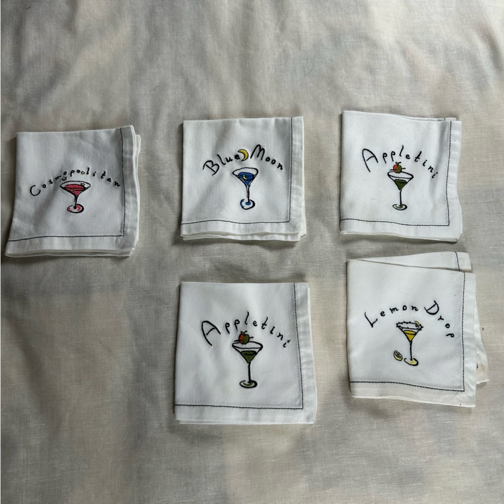 5 Pottery Barn Martini 9 1/2 X 9 1/2 in embroidered cloth napkins